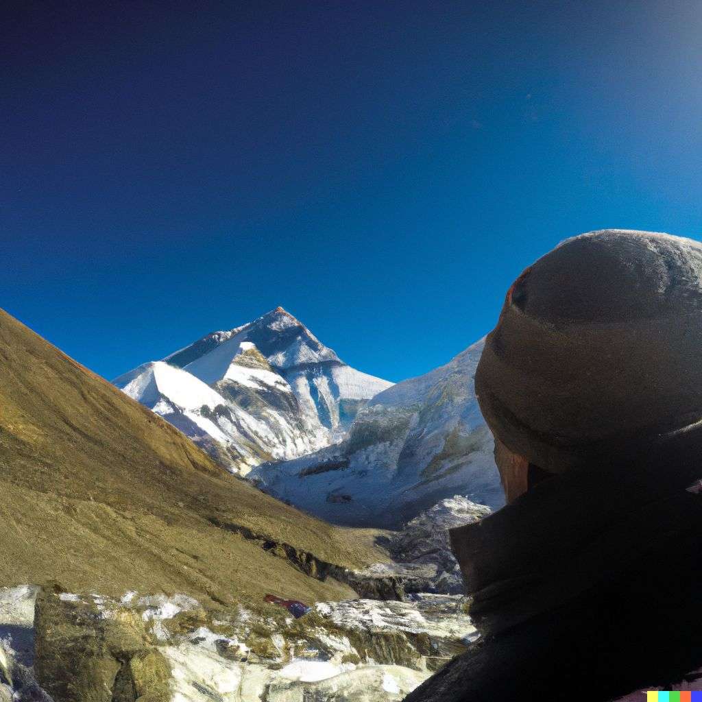 someone gazing at Mount Everest, photograph taken on a GoPro